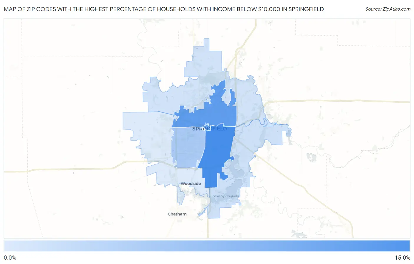 Zip Codes with the Highest Percentage of Households with Income Below $10,000 in Springfield Map