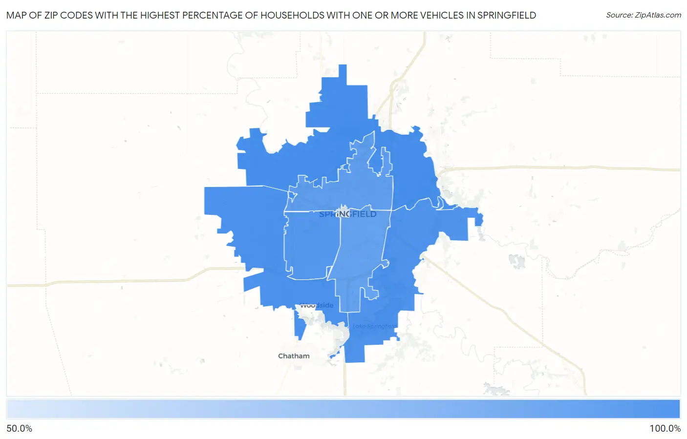 Zip Codes with the Highest Percentage of Households With One or more Vehicles in Springfield Map