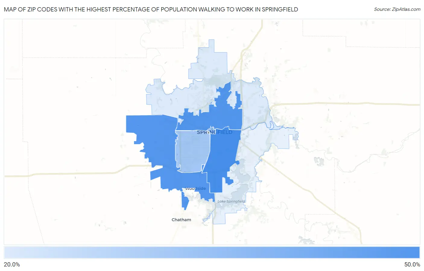 Zip Codes with the Highest Percentage of Population Walking to Work in Springfield Map