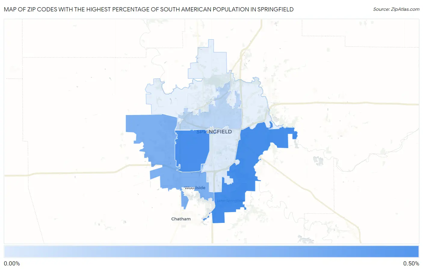 Zip Codes with the Highest Percentage of South American Population in Springfield Map