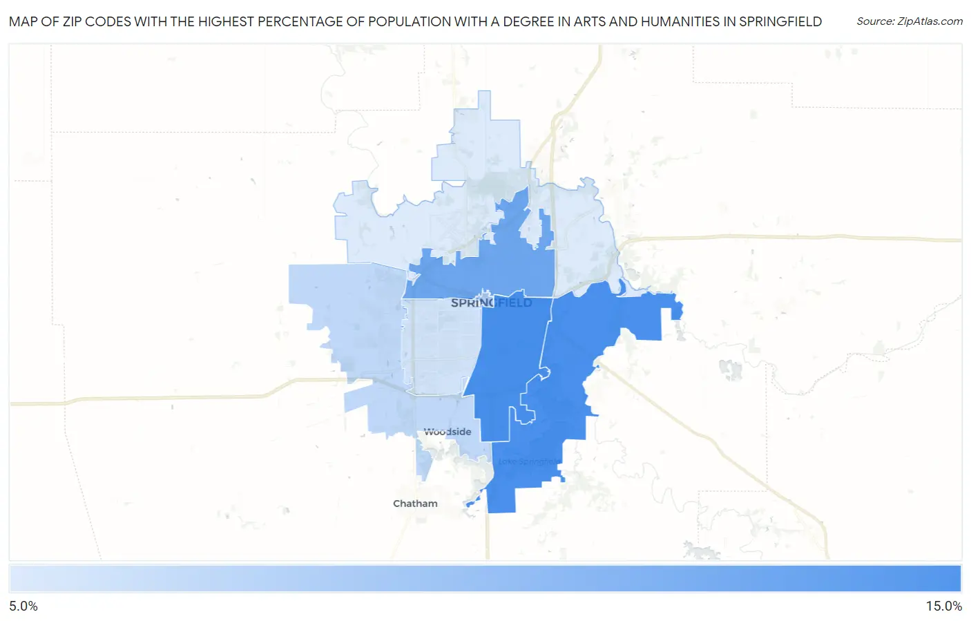 Zip Codes with the Highest Percentage of Population with a Degree in Arts and Humanities in Springfield Map