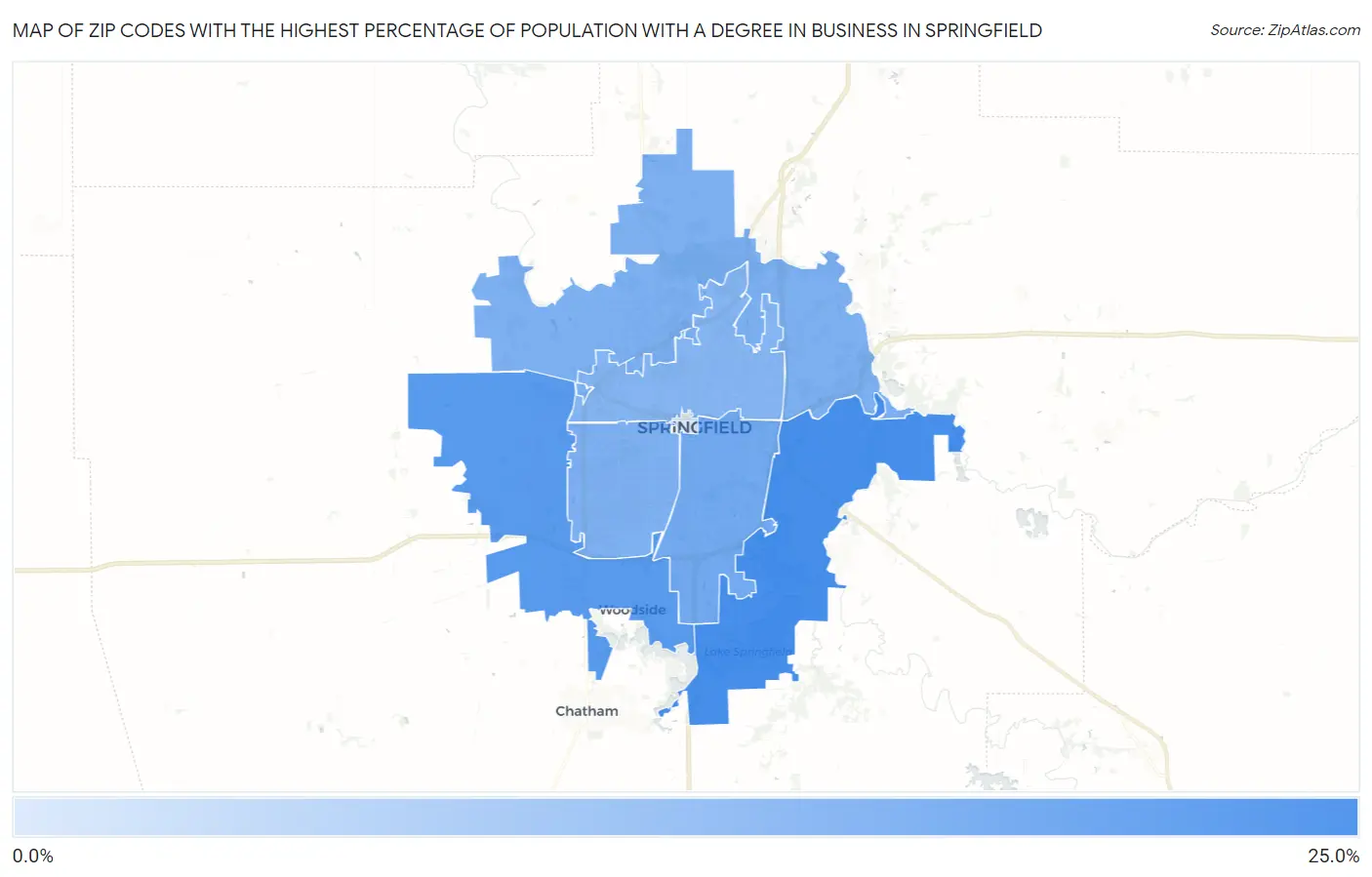 Zip Codes with the Highest Percentage of Population with a Degree in Business in Springfield Map