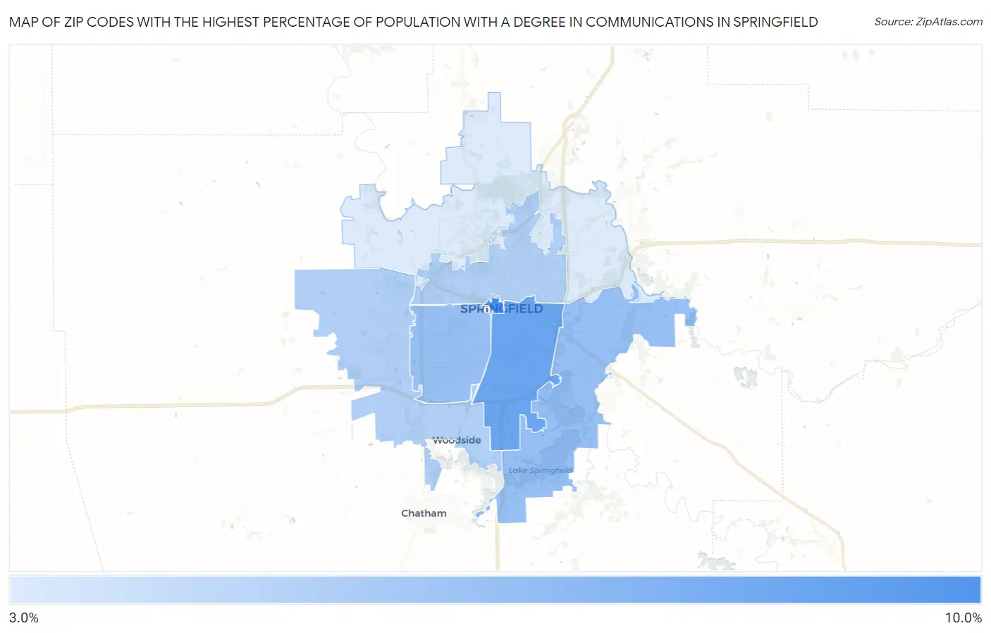Zip Codes with the Highest Percentage of Population with a Degree in Communications in Springfield Map