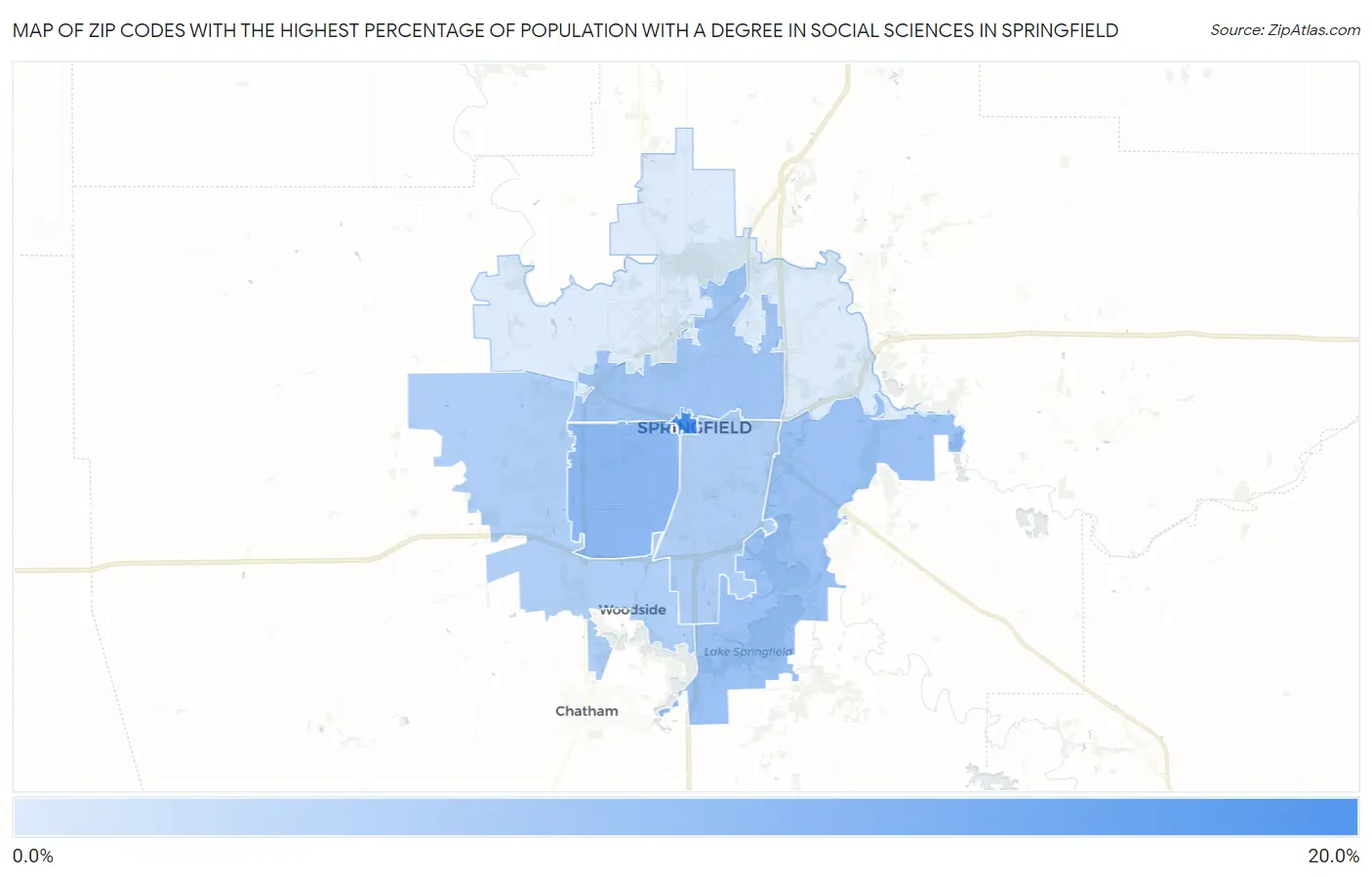 Zip Codes with the Highest Percentage of Population with a Degree in Social Sciences in Springfield Map