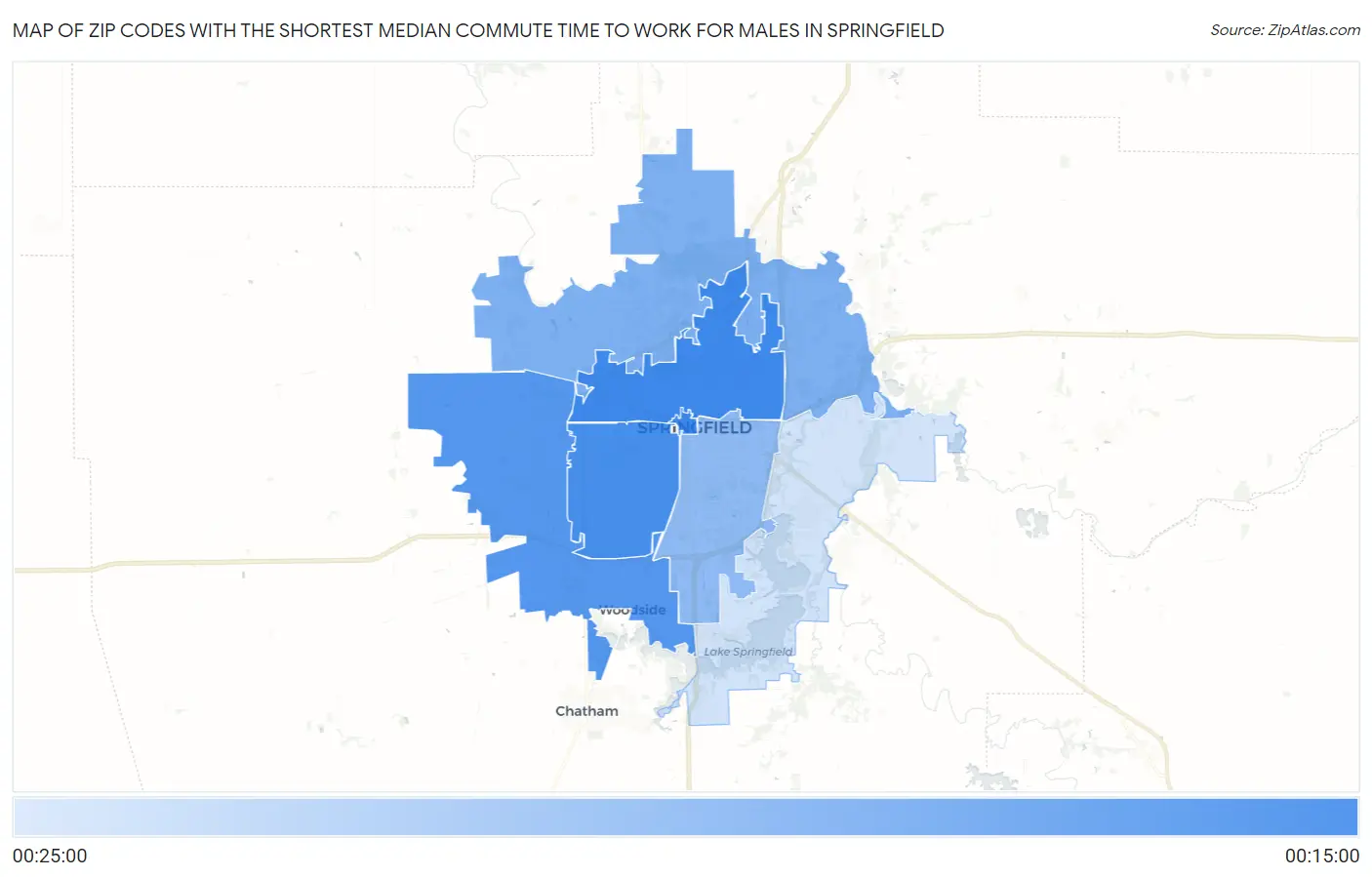 Zip Codes with the Shortest Median Commute Time to Work for Males in Springfield Map