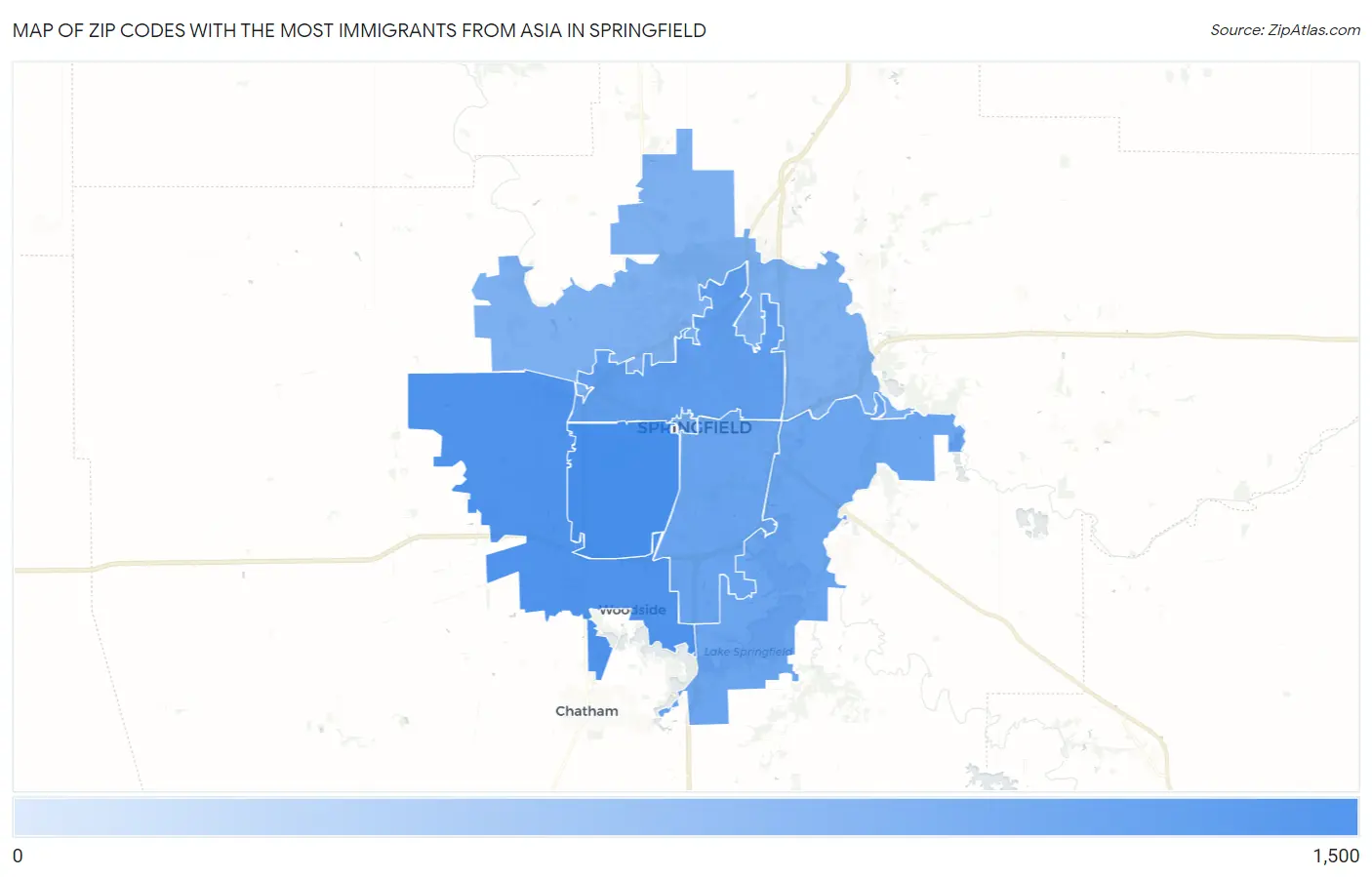 Zip Codes with the Most Immigrants from Asia in Springfield Map