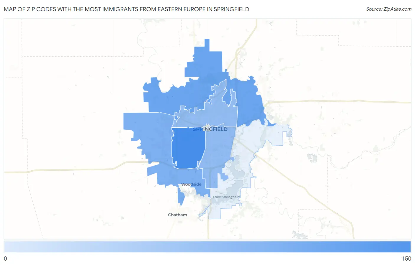 Zip Codes with the Most Immigrants from Eastern Europe in Springfield Map