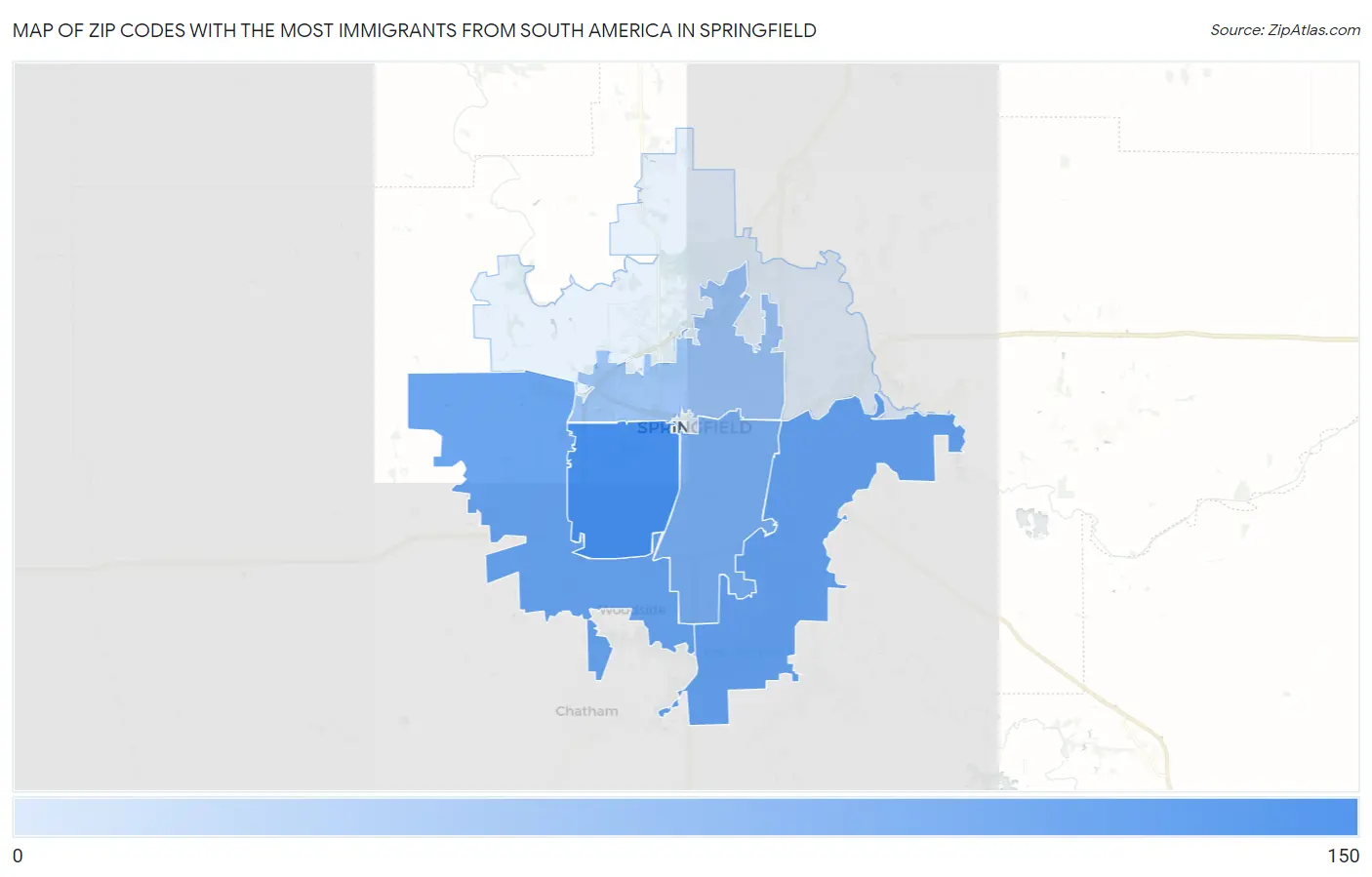 Zip Codes with the Most Immigrants from South America in Springfield Map