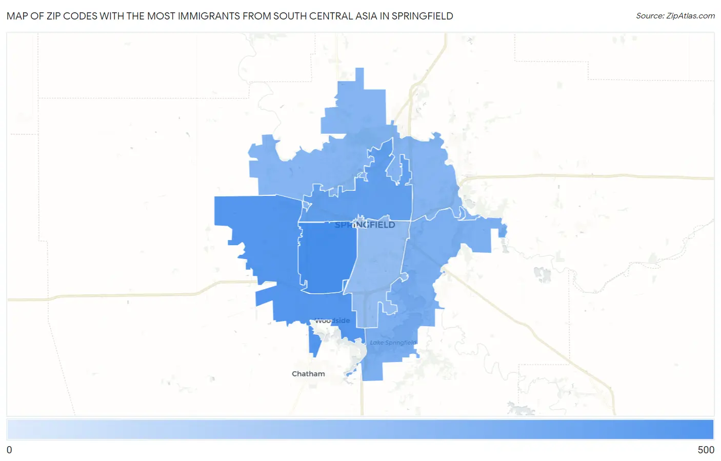 Zip Codes with the Most Immigrants from South Central Asia in Springfield Map