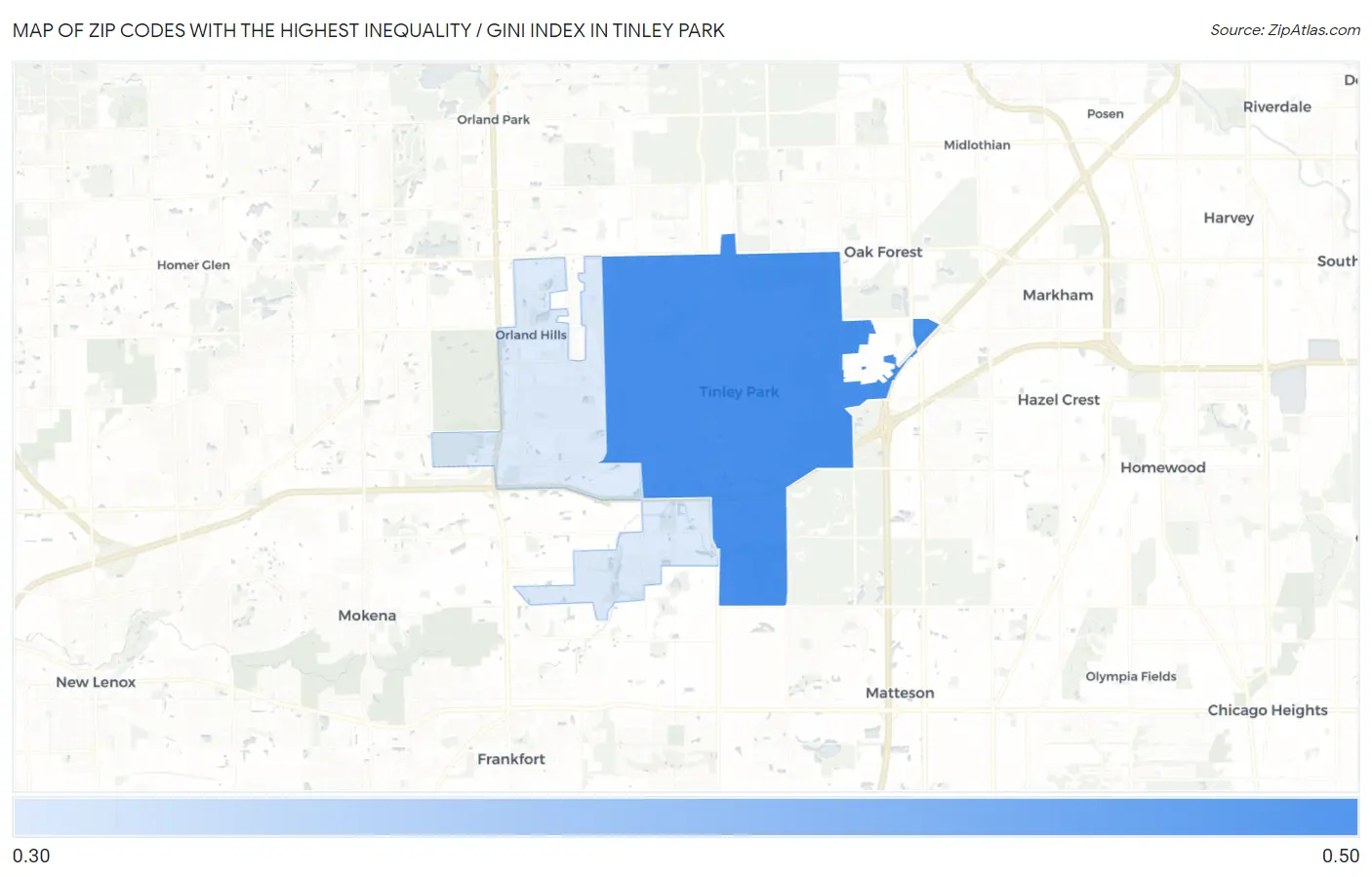Zip Codes with the Highest Inequality / Gini Index in Tinley Park Map