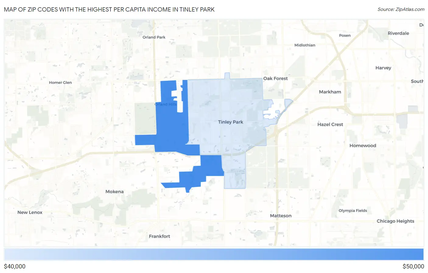 Zip Codes with the Highest Per Capita Income in Tinley Park Map