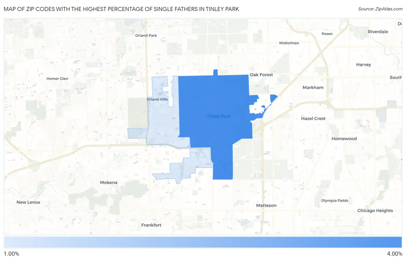 Zip Codes with the Highest Percentage of Single Fathers in Tinley Park Map