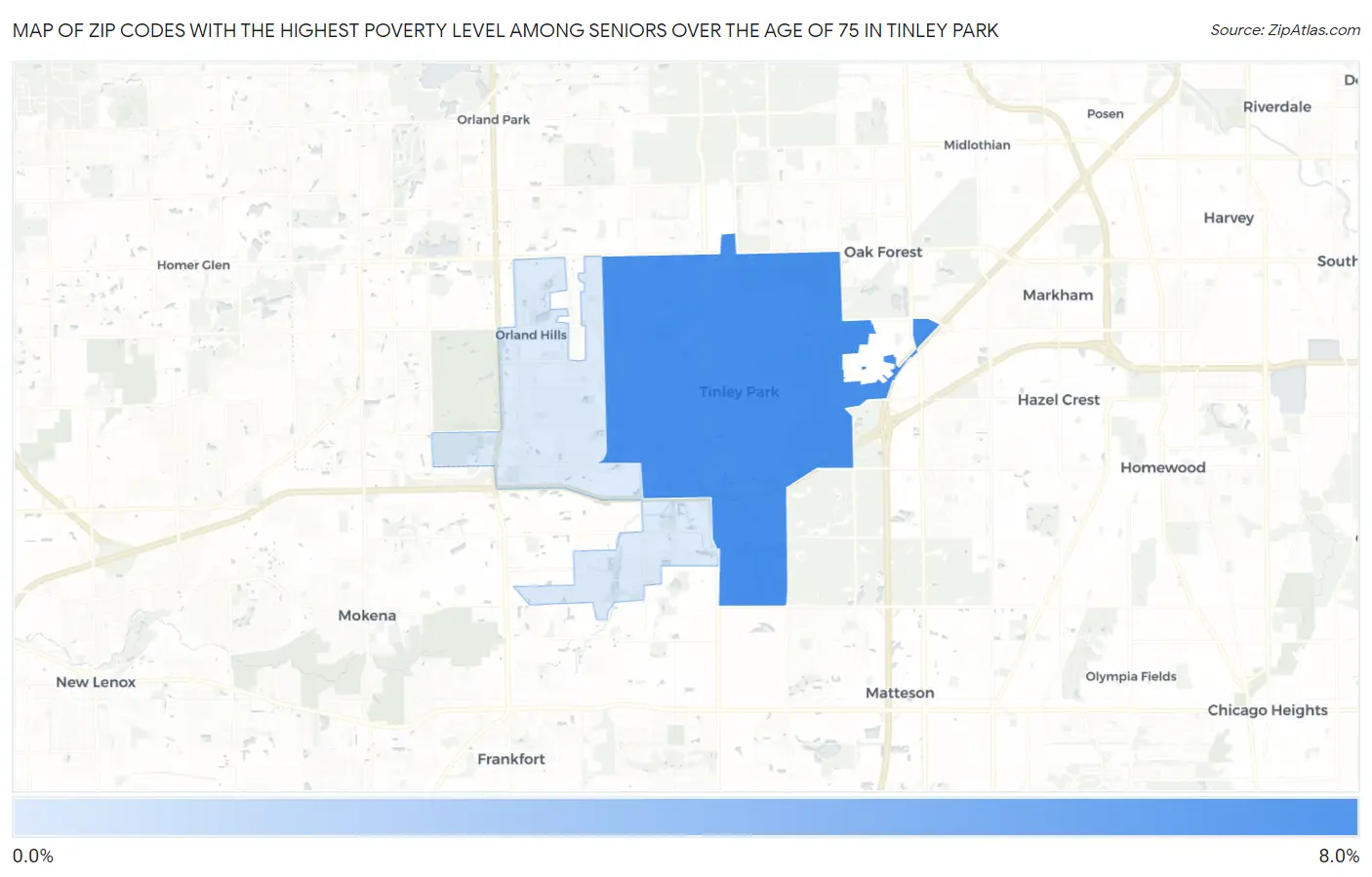 Zip Codes with the Highest Poverty Level Among Seniors Over the Age of 75 in Tinley Park Map