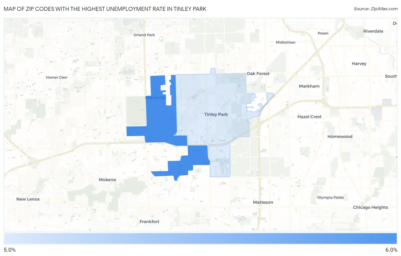 Zip Codes with the Highest Unemployment Rate in Tinley Park Map