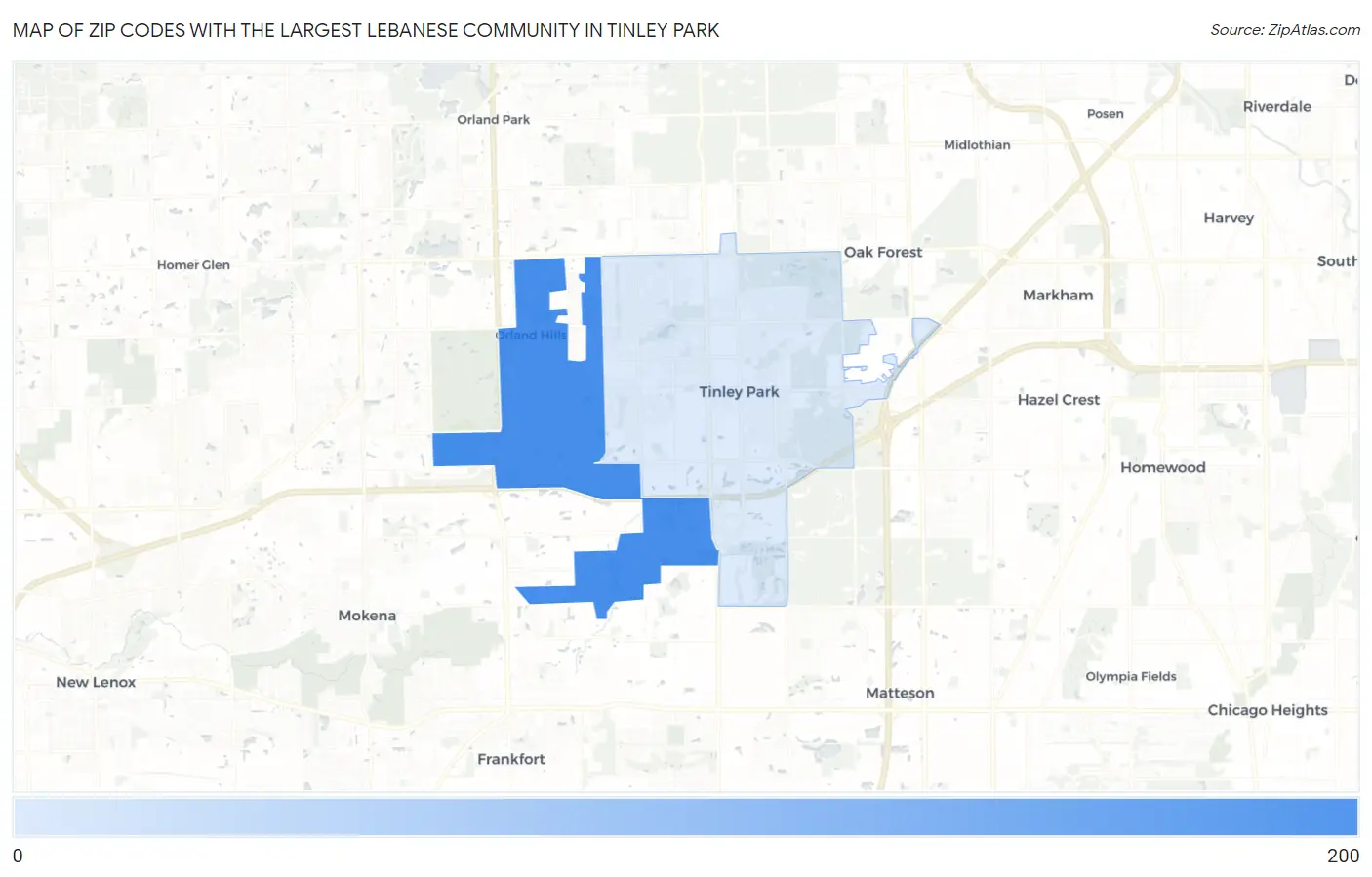 Zip Codes with the Largest Lebanese Community in Tinley Park Map