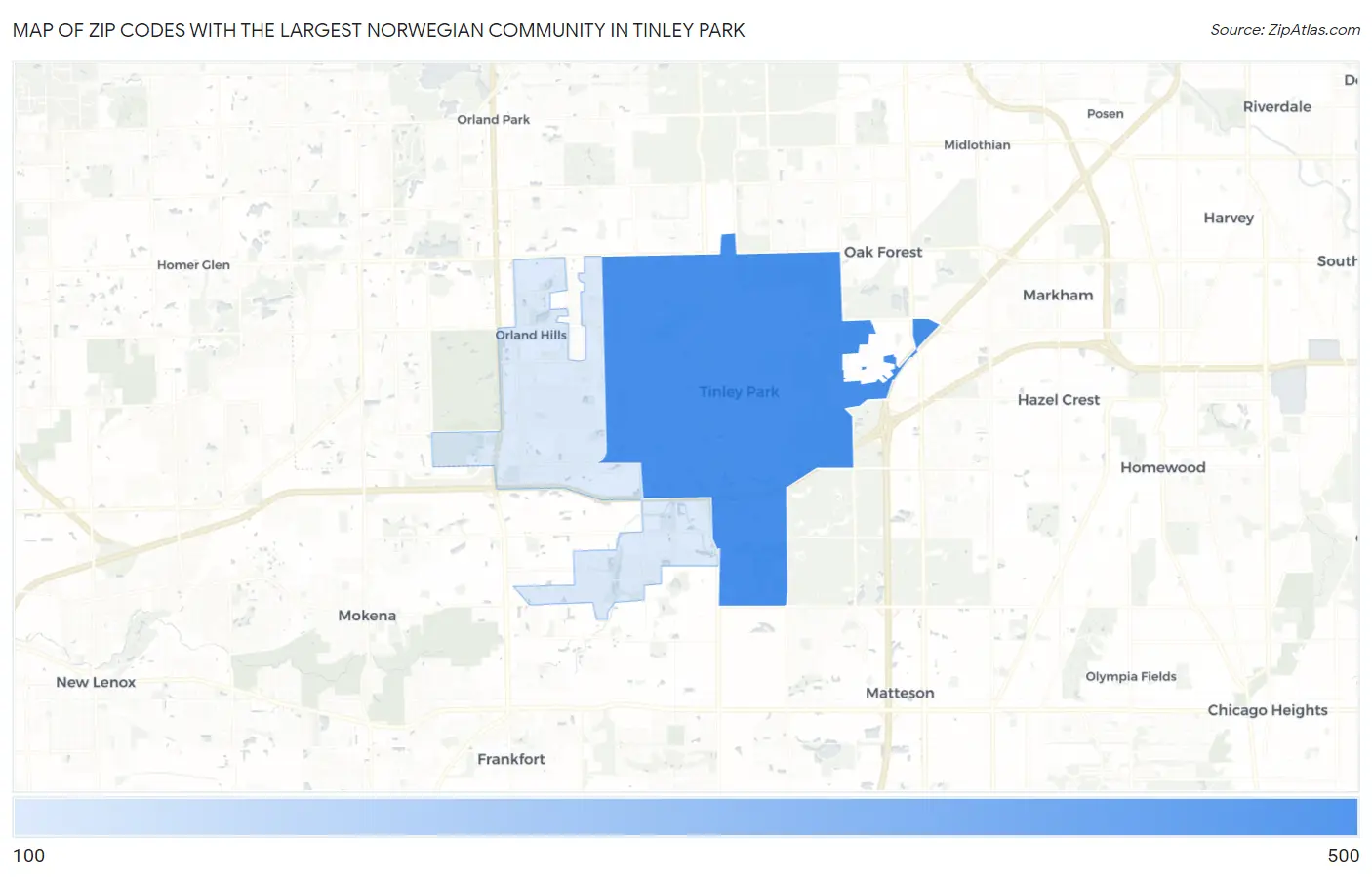 Zip Codes with the Largest Norwegian Community in Tinley Park Map