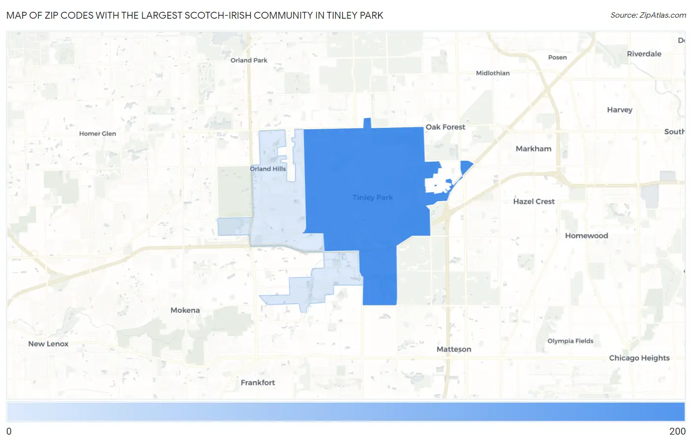 Zip Codes with the Largest Scotch-Irish Community in Tinley Park Map