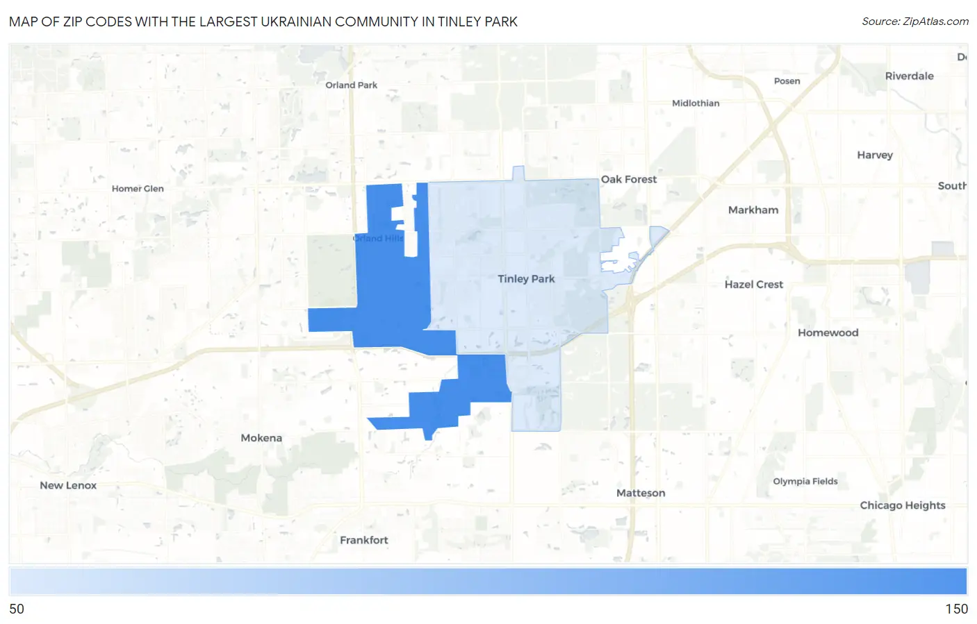 Zip Codes with the Largest Ukrainian Community in Tinley Park Map