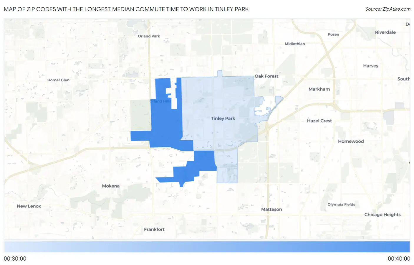 Zip Codes with the Longest Median Commute Time to Work in Tinley Park Map