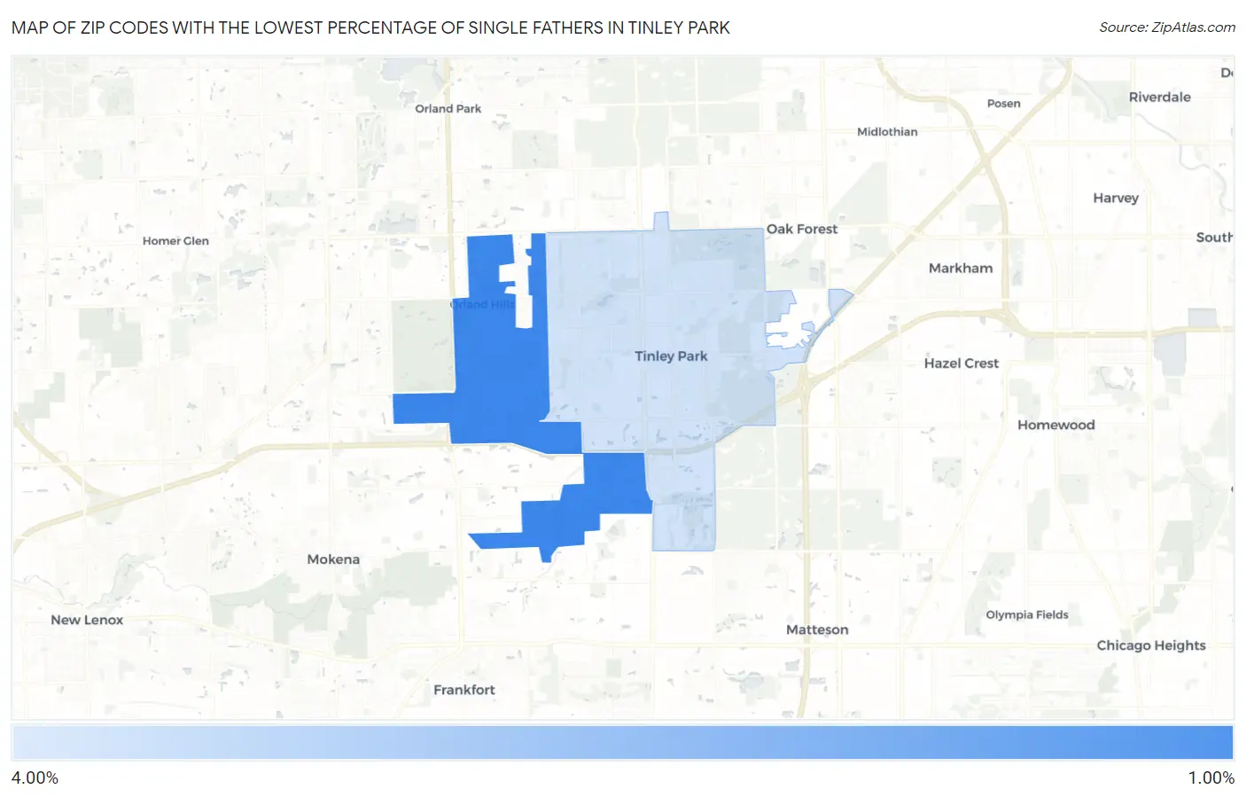 Zip Codes with the Lowest Percentage of Single Fathers in Tinley Park Map