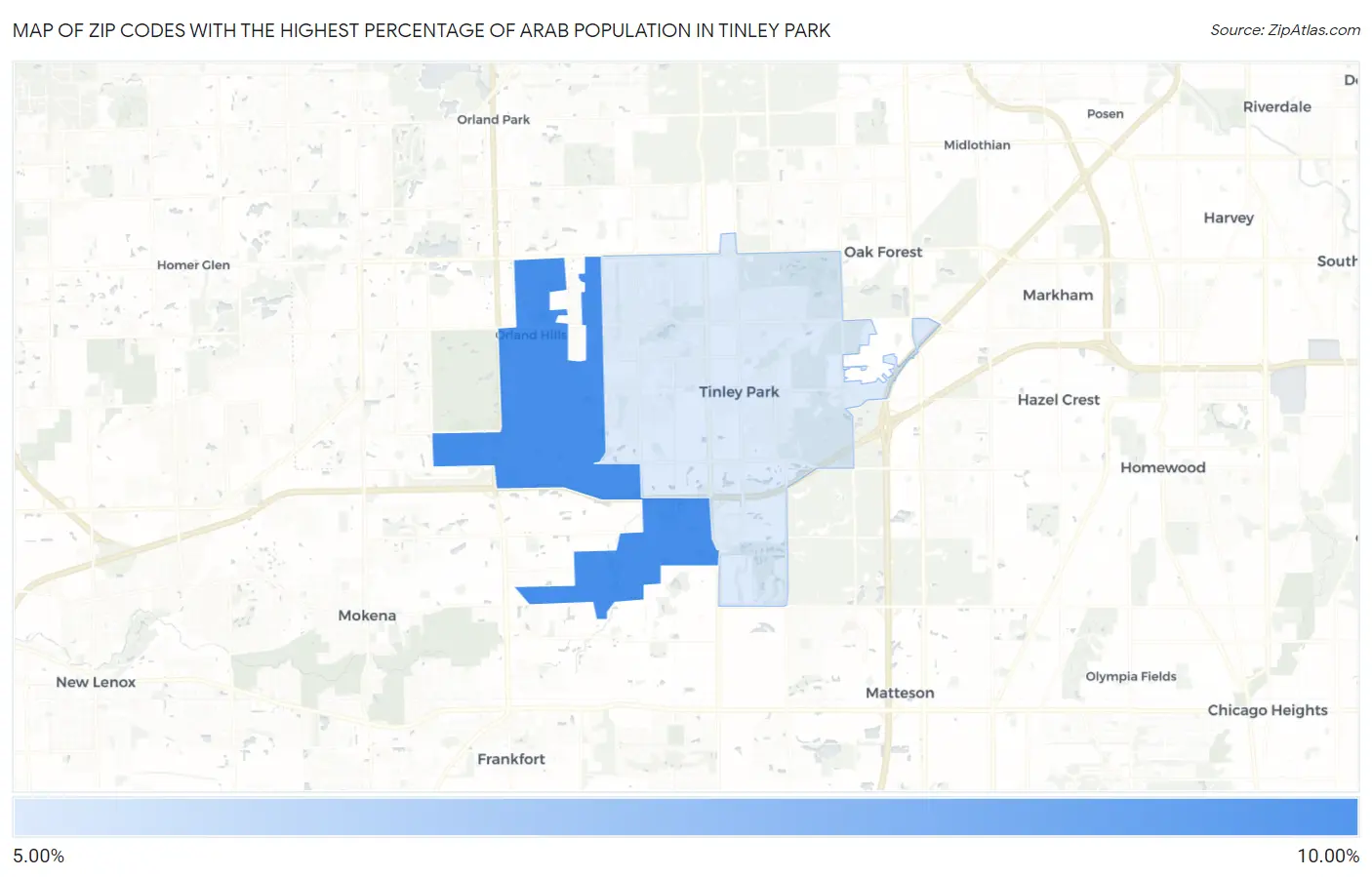 Zip Codes with the Highest Percentage of Arab Population in Tinley Park Map