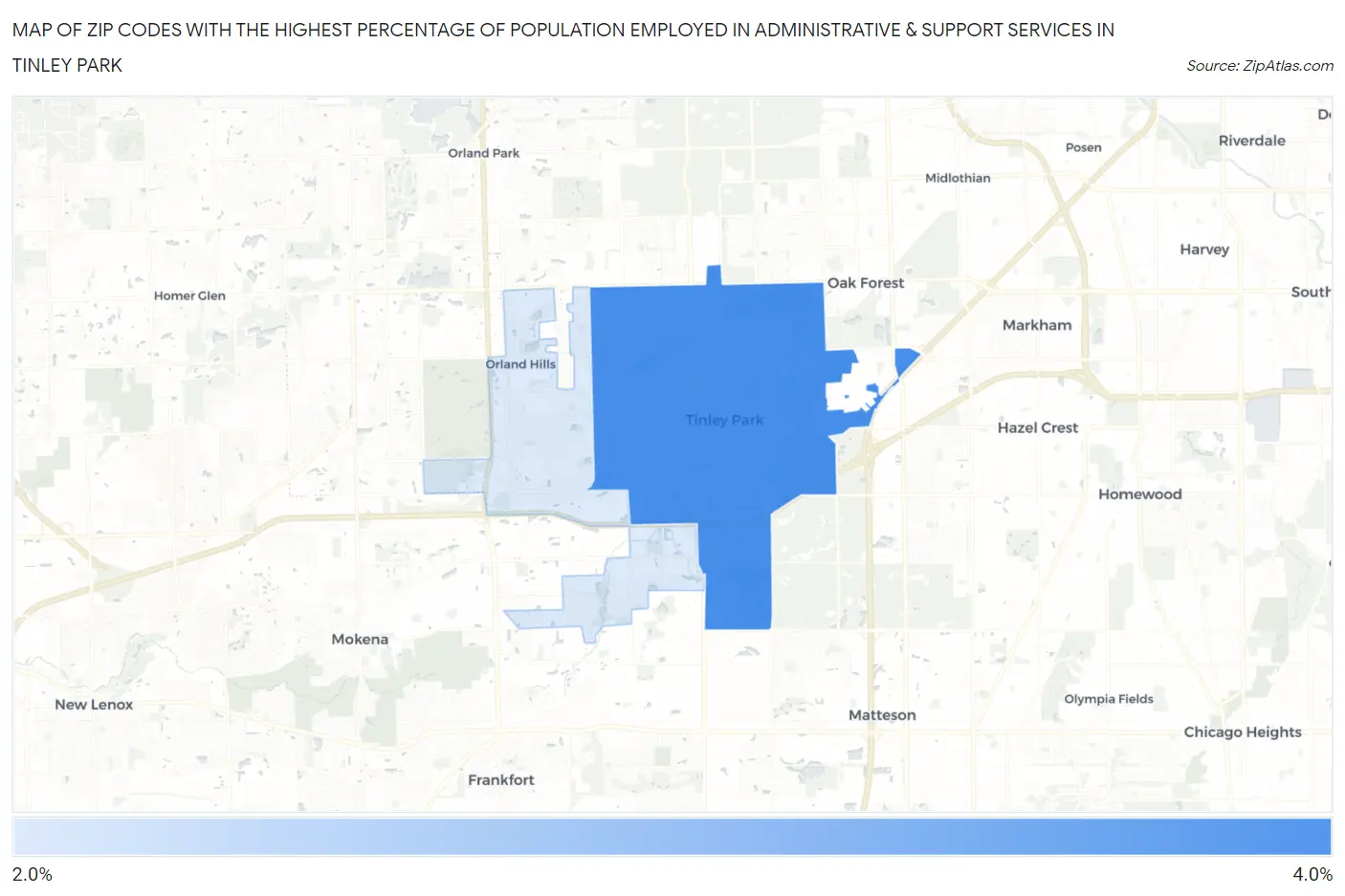 Zip Codes with the Highest Percentage of Population Employed in Administrative & Support Services in Tinley Park Map