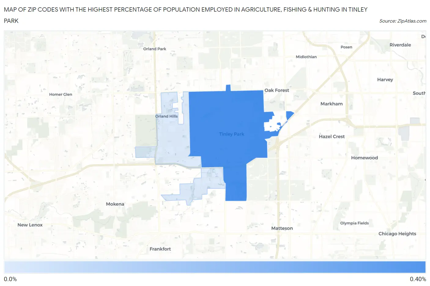 Zip Codes with the Highest Percentage of Population Employed in Agriculture, Fishing & Hunting in Tinley Park Map