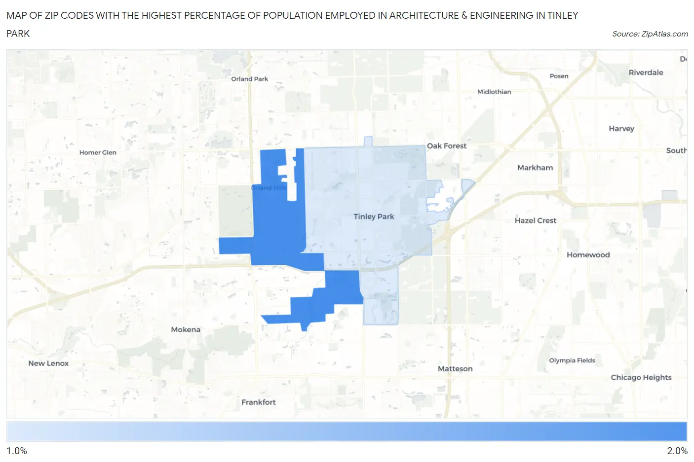 Zip Codes with the Highest Percentage of Population Employed in Architecture & Engineering in Tinley Park Map