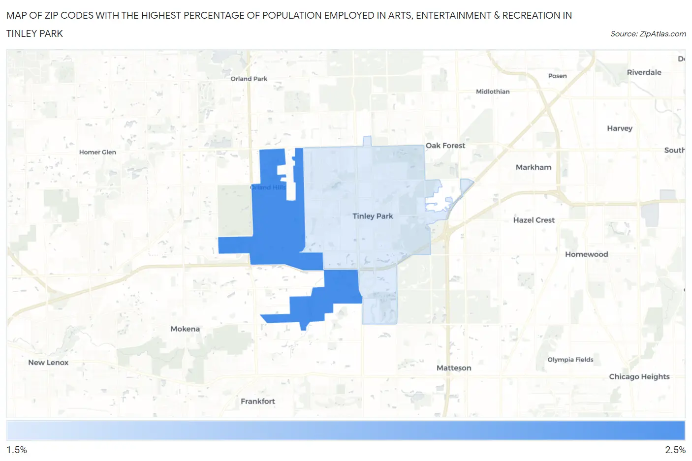 Zip Codes with the Highest Percentage of Population Employed in Arts, Entertainment & Recreation in Tinley Park Map