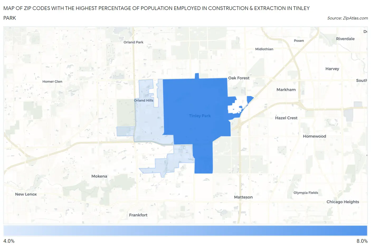 Zip Codes with the Highest Percentage of Population Employed in Construction & Extraction in Tinley Park Map