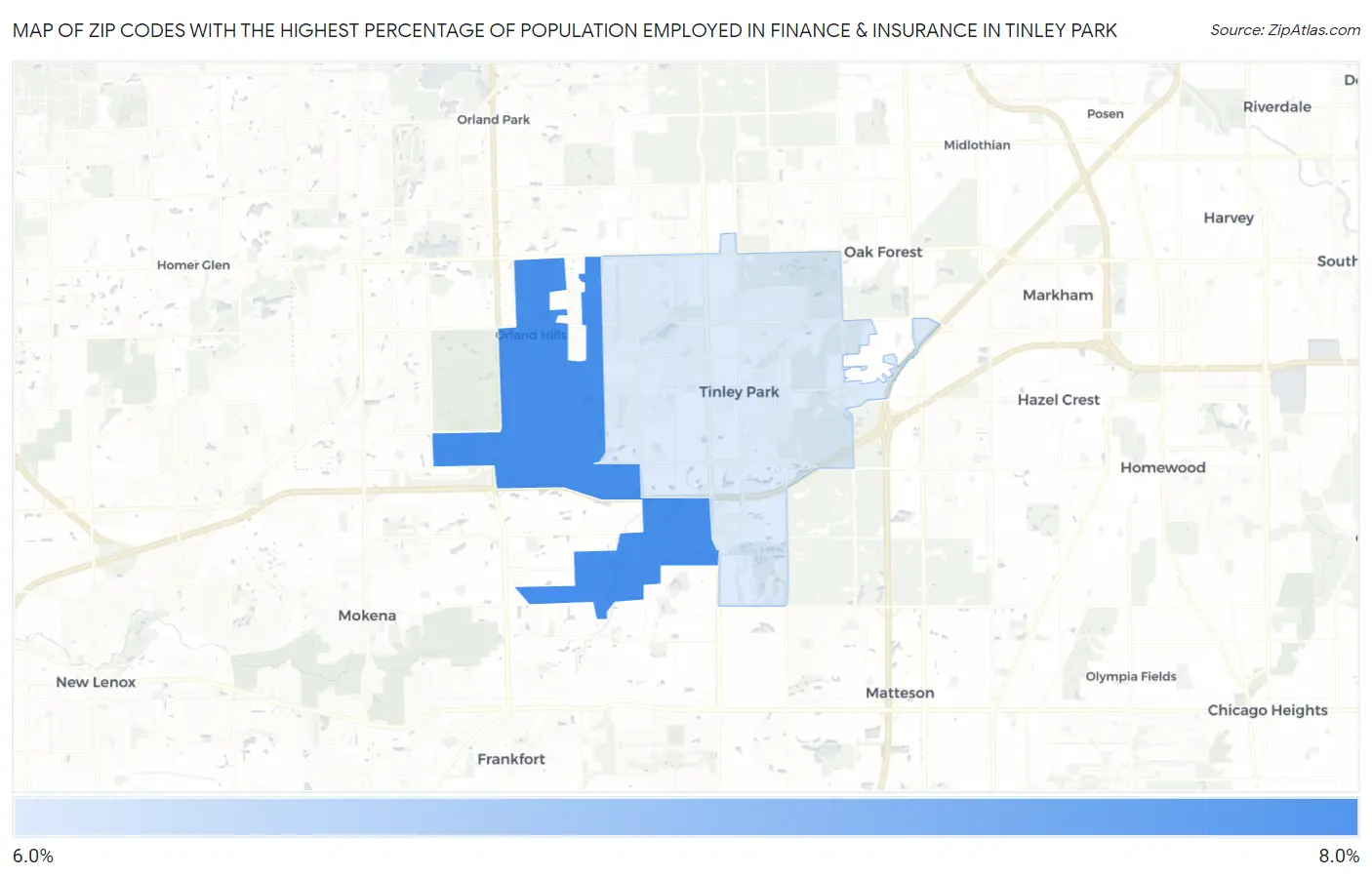 Zip Codes with the Highest Percentage of Population Employed in Finance & Insurance in Tinley Park Map