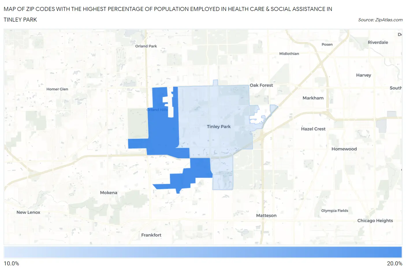 Zip Codes with the Highest Percentage of Population Employed in Health Care & Social Assistance in Tinley Park Map