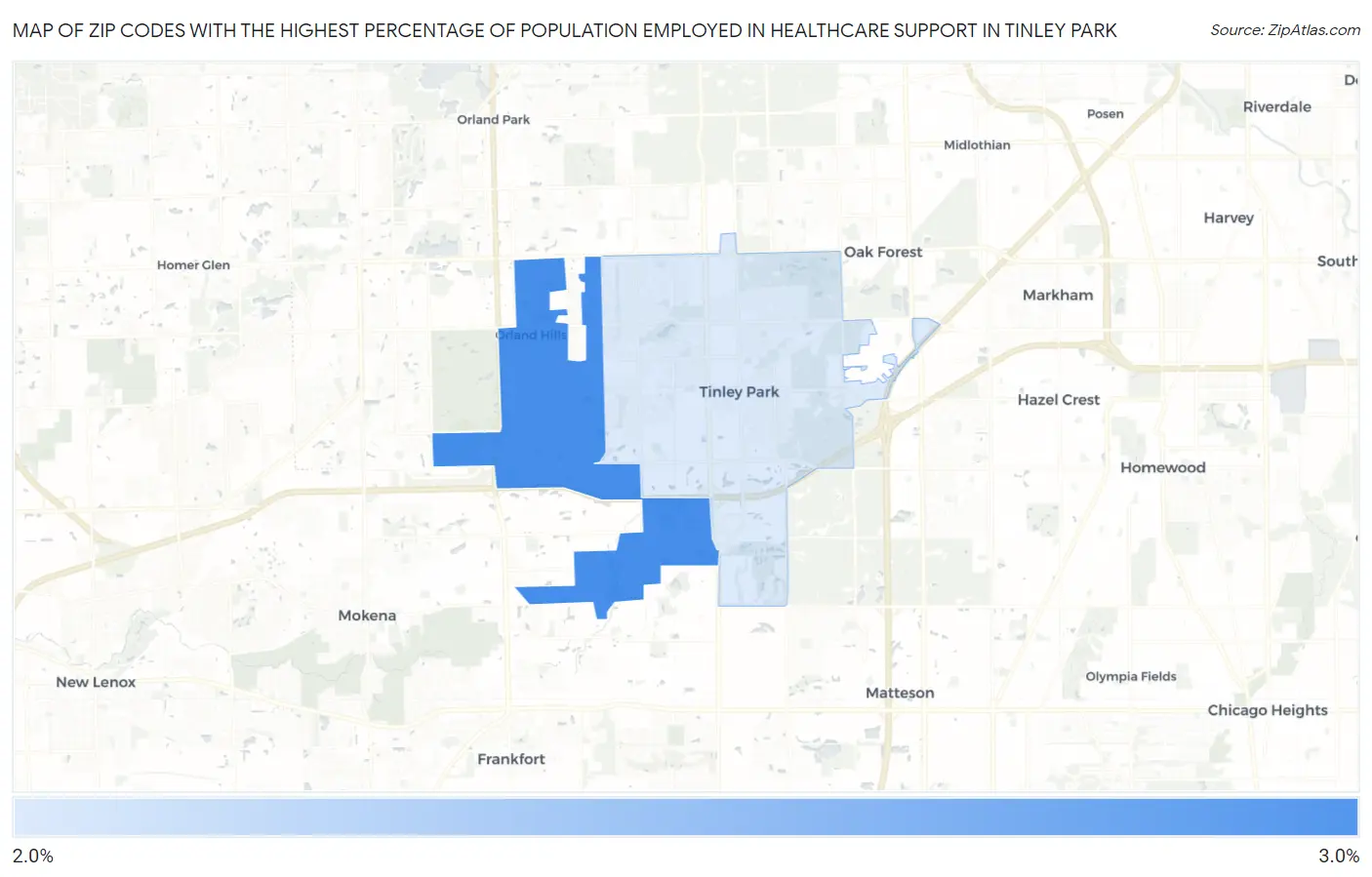 Zip Codes with the Highest Percentage of Population Employed in Healthcare Support in Tinley Park Map
