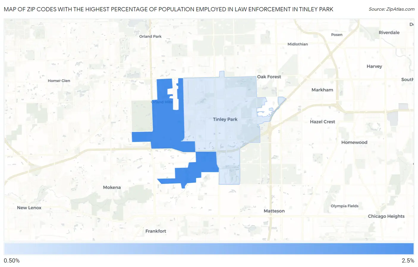 Zip Codes with the Highest Percentage of Population Employed in Law Enforcement in Tinley Park Map