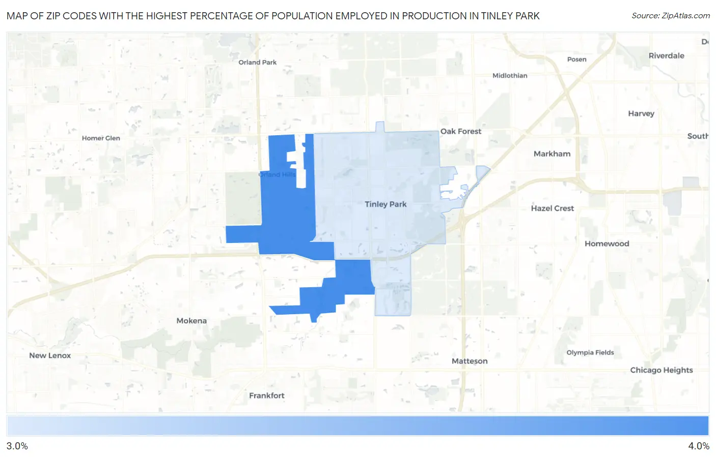 Zip Codes with the Highest Percentage of Population Employed in Production in Tinley Park Map