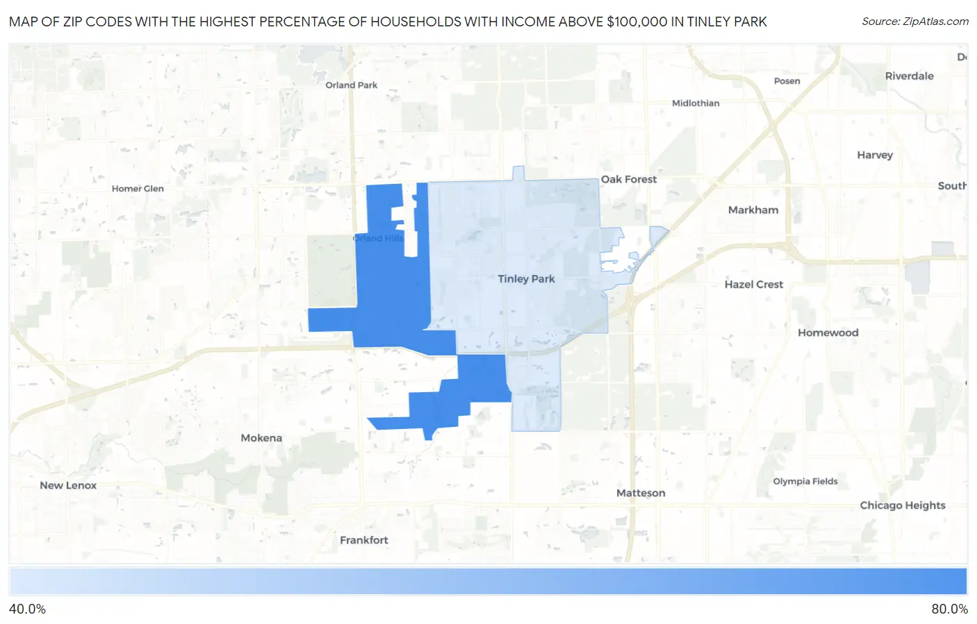 Zip Codes with the Highest Percentage of Households with Income Above $100,000 in Tinley Park Map
