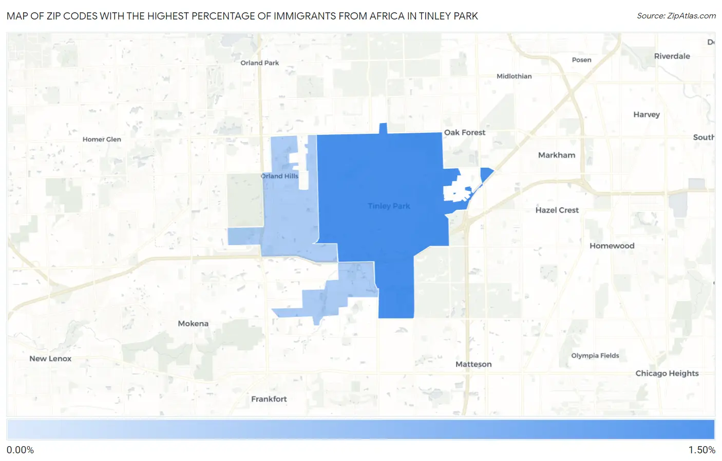Zip Codes with the Highest Percentage of Immigrants from Africa in Tinley Park Map