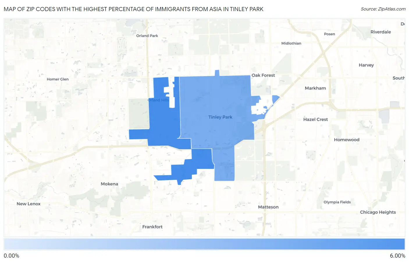 Zip Codes with the Highest Percentage of Immigrants from Asia in Tinley Park Map