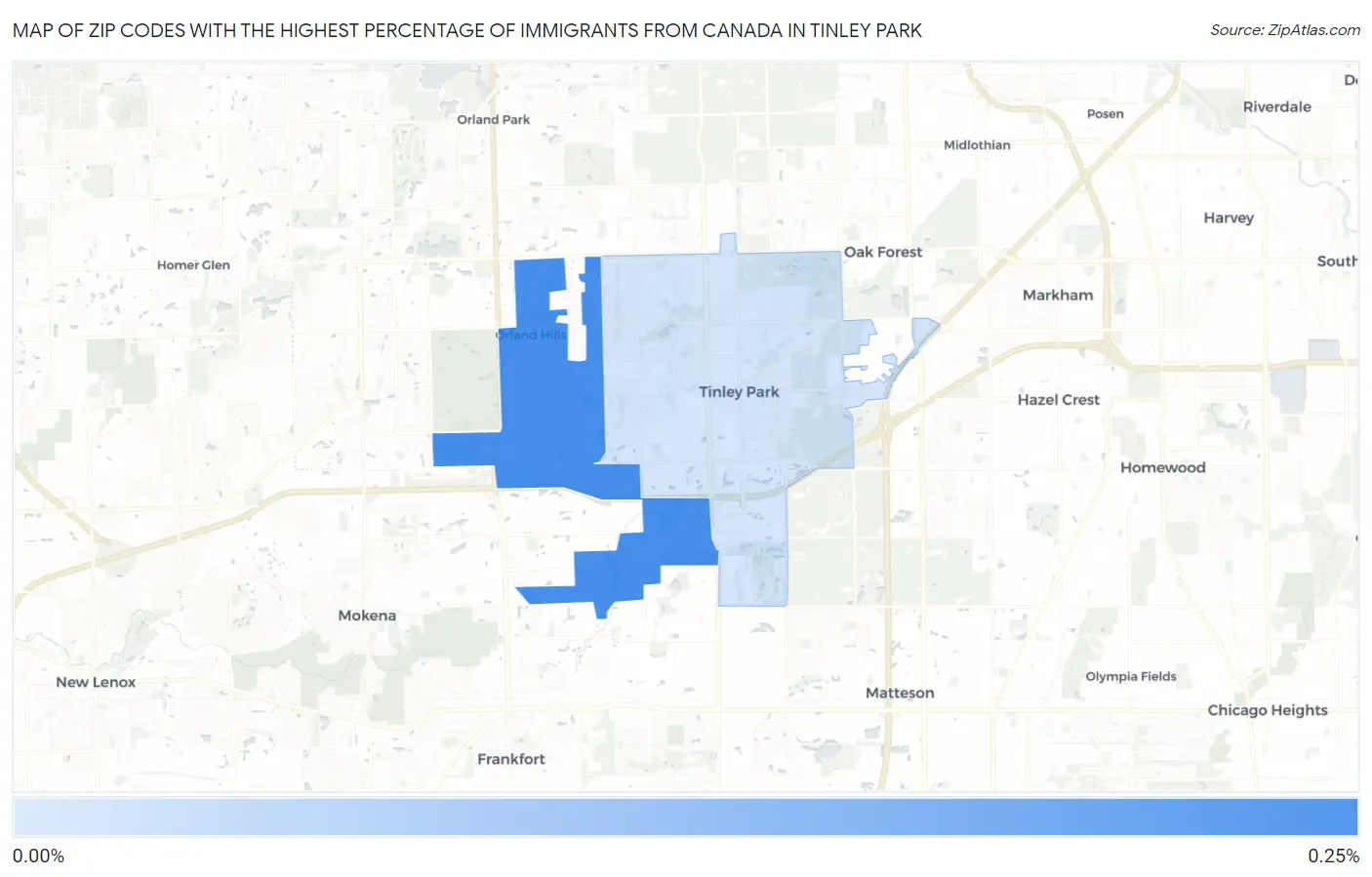 Zip Codes with the Highest Percentage of Immigrants from Canada in Tinley Park Map