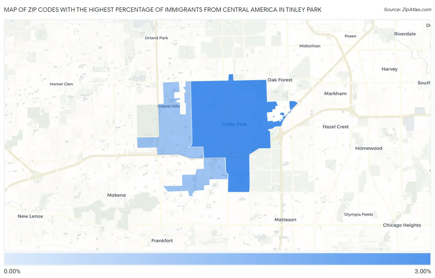 Zip Codes with the Highest Percentage of Immigrants from Central America in Tinley Park Map