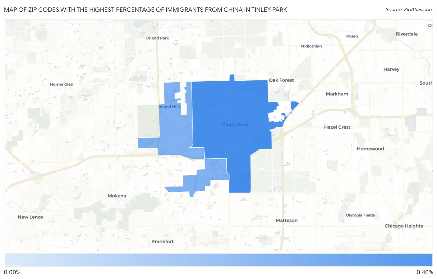 Zip Codes with the Highest Percentage of Immigrants from China in Tinley Park Map