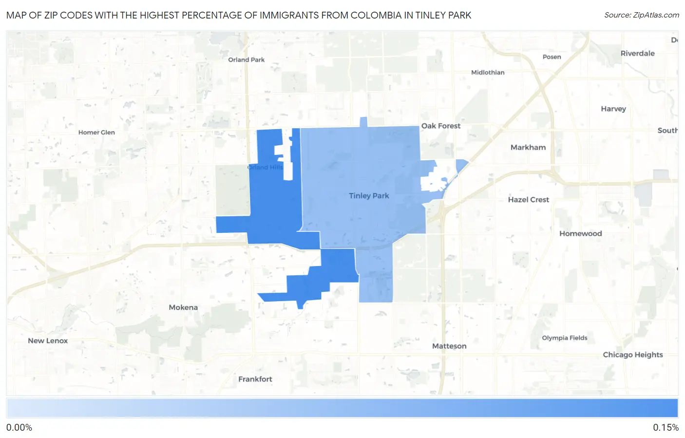 Zip Codes with the Highest Percentage of Immigrants from Colombia in Tinley Park Map