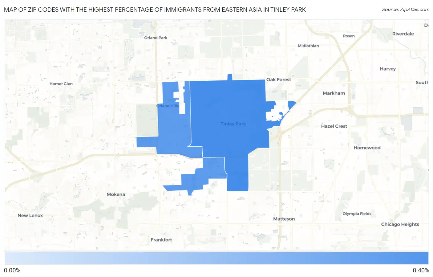 Zip Codes with the Highest Percentage of Immigrants from Eastern Asia in Tinley Park Map