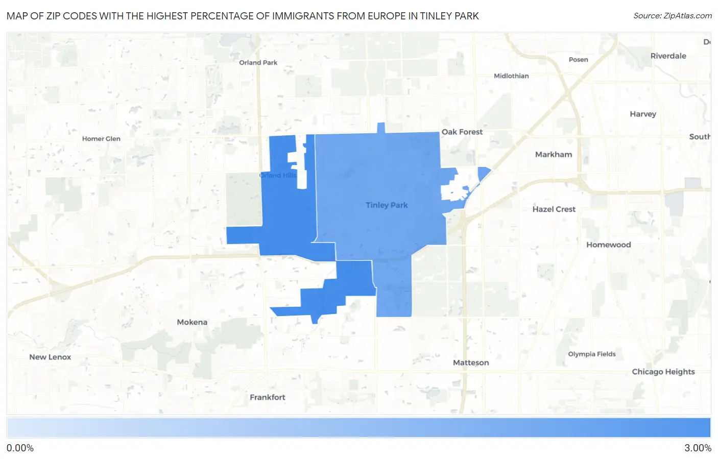 Zip Codes with the Highest Percentage of Immigrants from Europe in Tinley Park Map