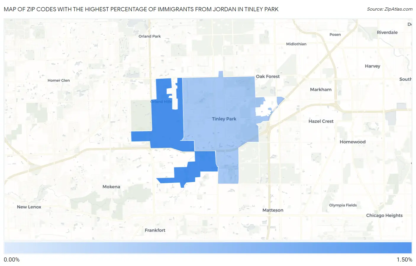 Zip Codes with the Highest Percentage of Immigrants from Jordan in Tinley Park Map