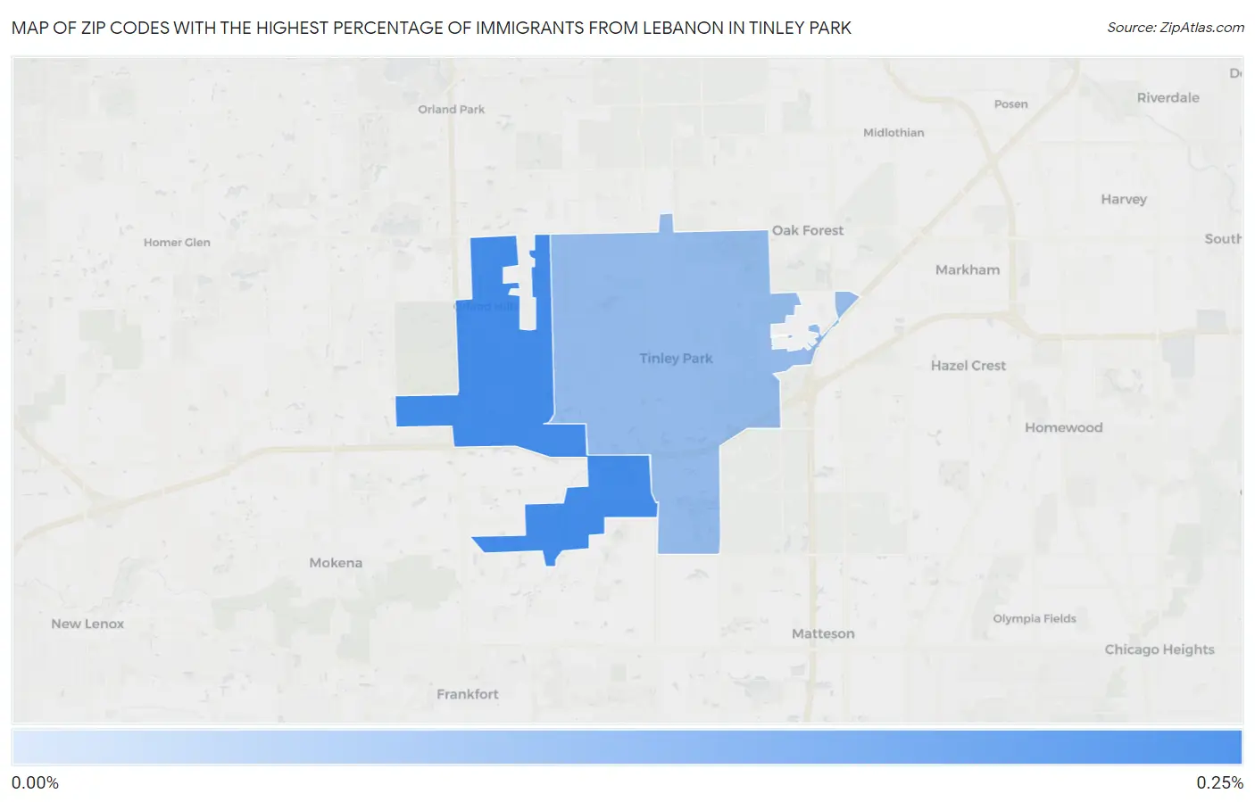 Zip Codes with the Highest Percentage of Immigrants from Lebanon in Tinley Park Map