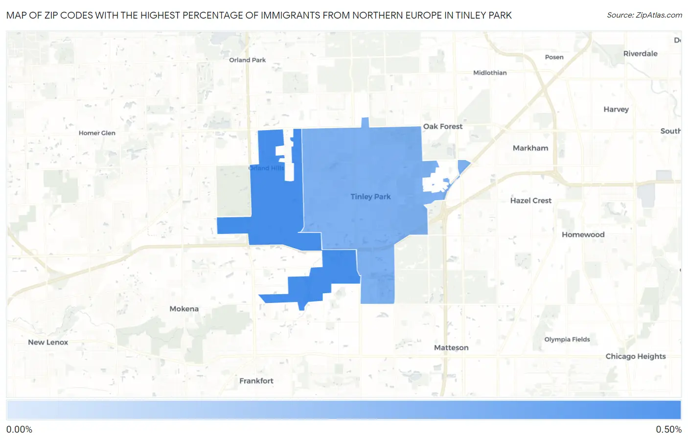 Zip Codes with the Highest Percentage of Immigrants from Northern Europe in Tinley Park Map