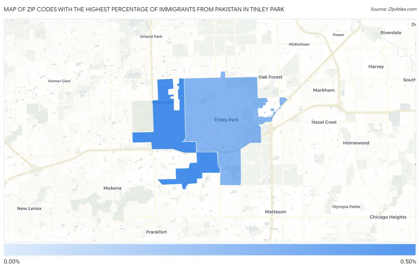 Zip Codes with the Highest Percentage of Immigrants from Pakistan in Tinley Park Map