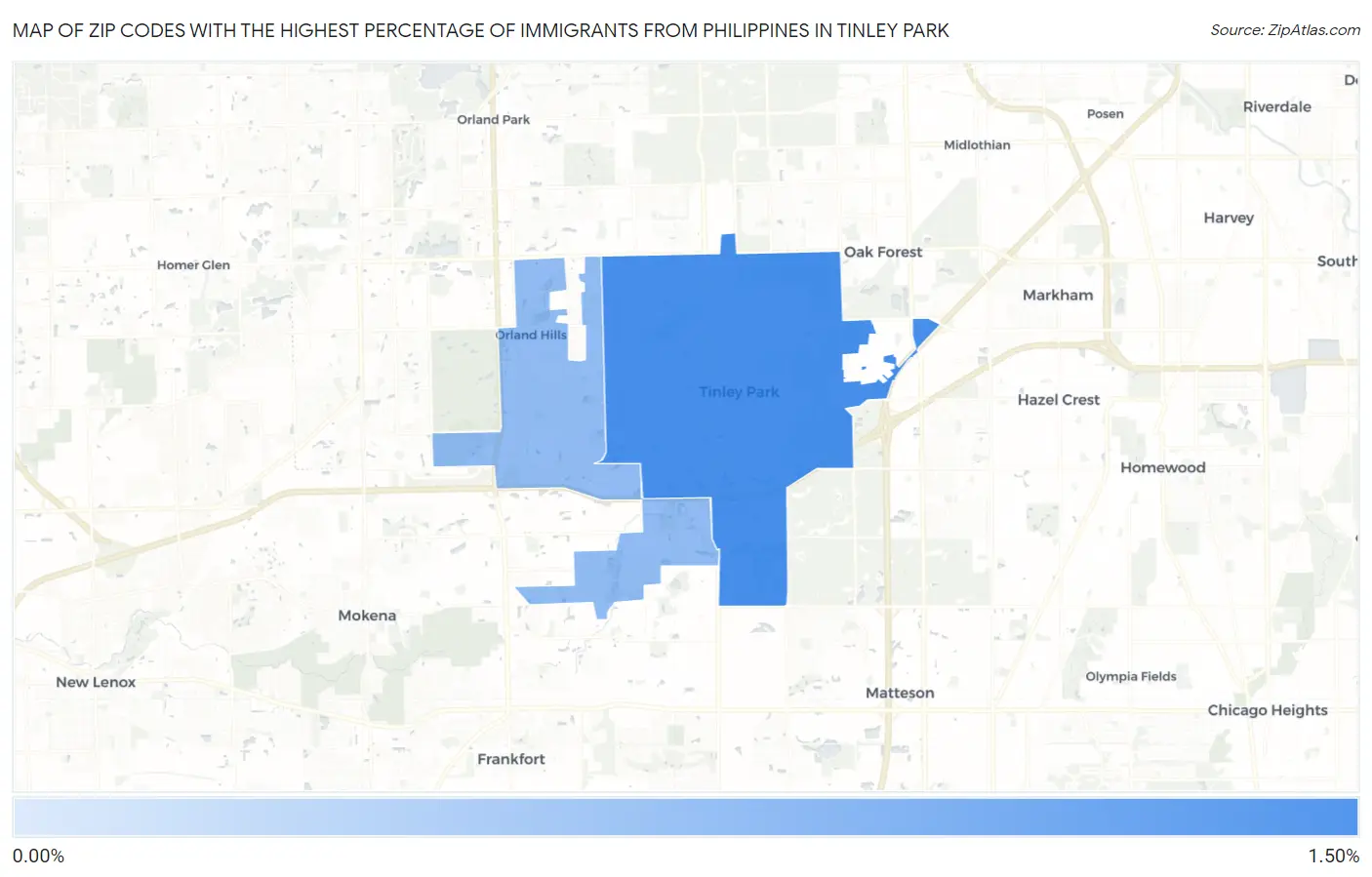 Zip Codes with the Highest Percentage of Immigrants from Philippines in Tinley Park Map