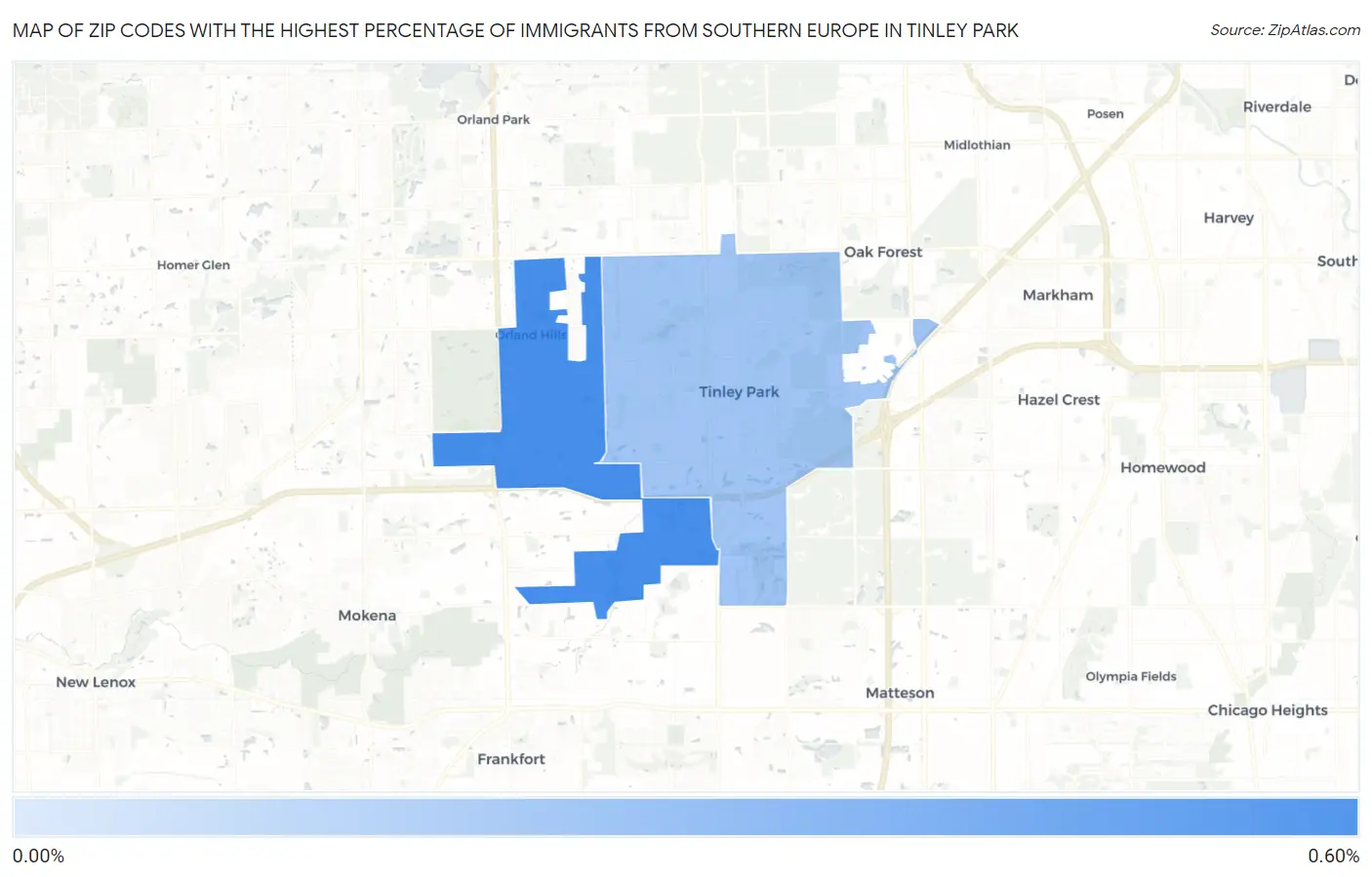 Zip Codes with the Highest Percentage of Immigrants from Southern Europe in Tinley Park Map